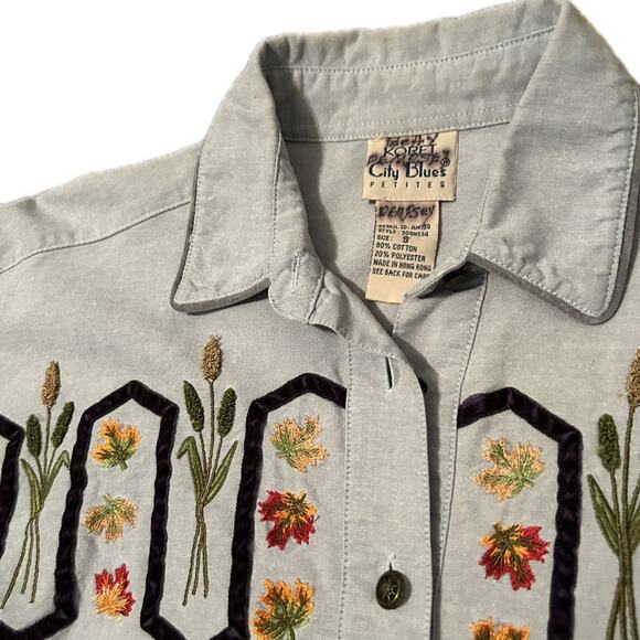 Vintage Fall Autumn Floral Embroidery Button Up Denim Shirt / small * - Picture 2 of 4